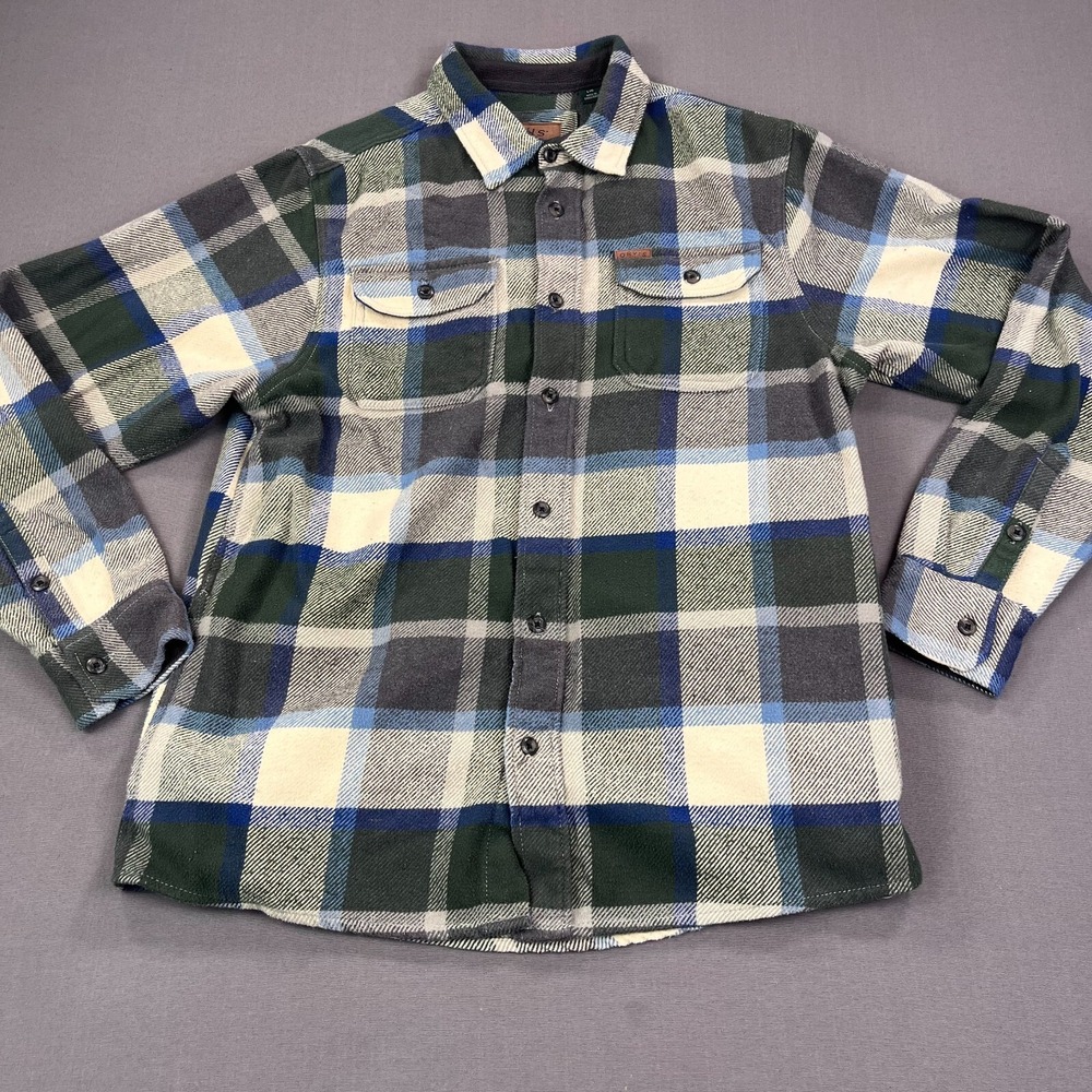 Orvis Shacket Mens L Blue Green Plaid Flannel‎ Soft Cotton Long Sleeve Button Up